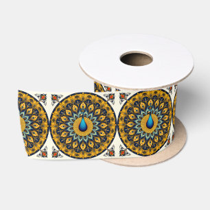 Decorative peacock bird on white satin ribbon
