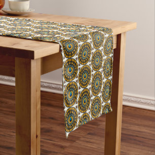 Decorative peacock bird on white short table runner