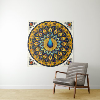 Decorative peacock bird on white tapestry