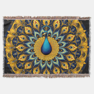Decorative peacock bird on white throw blanket