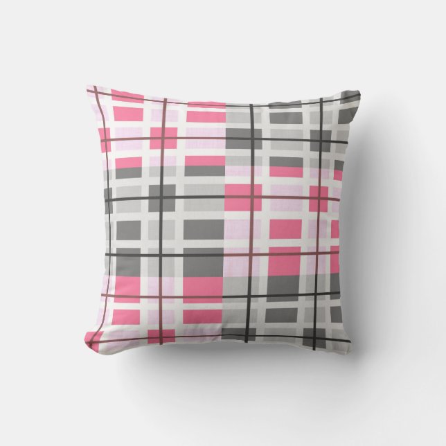 Decorative Pink and Grey Plaid Pattern Cushion (Front)