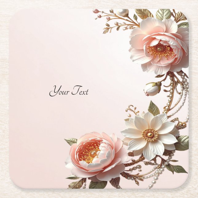 Decorative Pink and White Flowers Paper Coaster (Front)