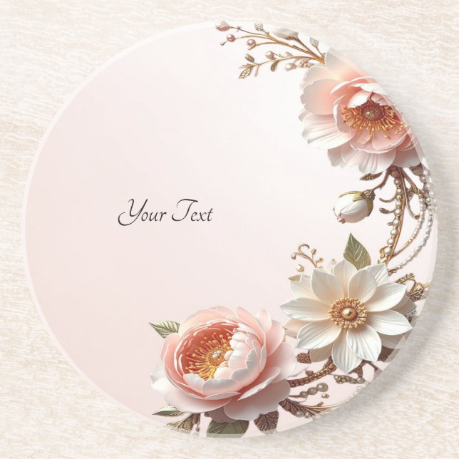 Decorative Pink and White Flowers Sandstone Coaster (Front)
