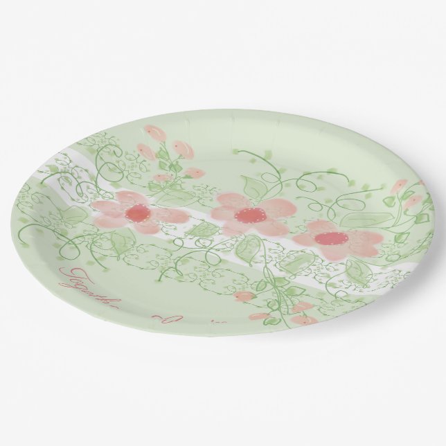 Decorative Pink Coral Designer Flowered Paper Plate (Angled)