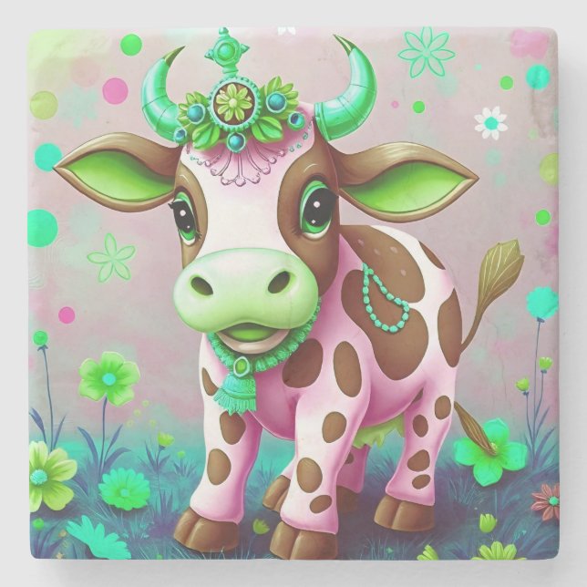 Decorative Pink Cow Floral Charm Stone Coaster (Front)