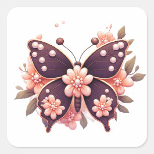 Decorative Pink Floral Butterfly Square Sticker