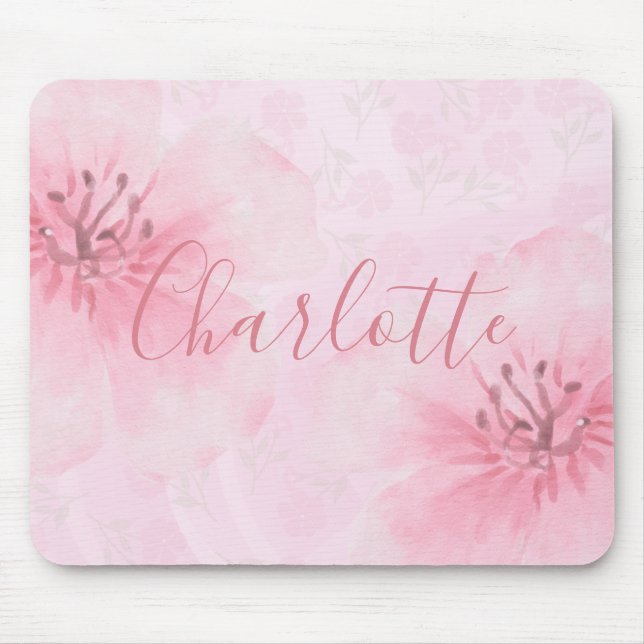 Decorative Pink Floral Your Name Mouse Pad (Front)