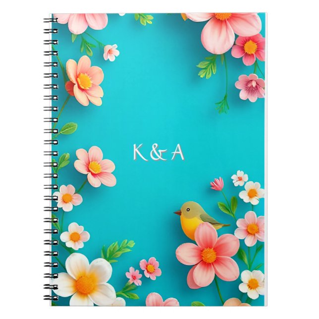 Decorative Pink Flowers and Green Leaves Notebook (Front)