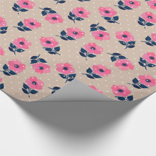 Decorative Pink Flowers Beige White Polka Dots Wrapping Paper