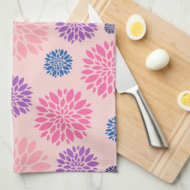 Decorative Pink Purple and Blue Floral Pattern Tea Towel (Quarter Fold)