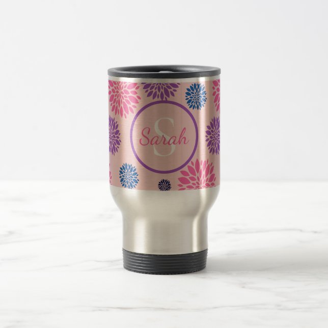 Decorative Pink Purple Blue Floral Personalised Travel Mug (Center)
