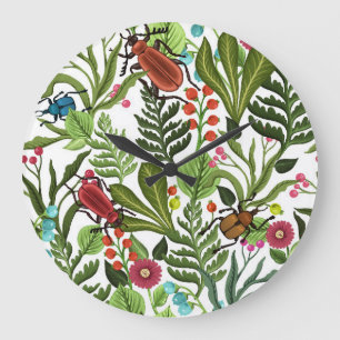 Decorative Plants and Insects: Seamless Design. Large Clock