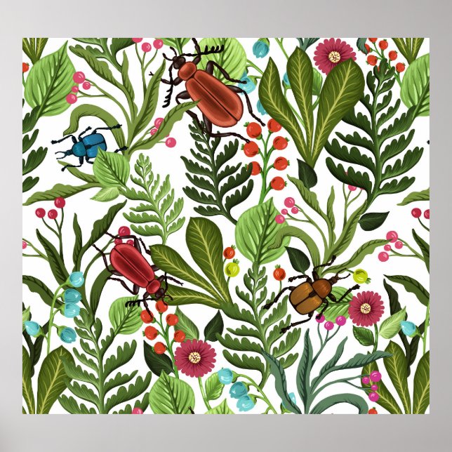 Decorative Plants and Insects: Seamless Design. Poster (Front)