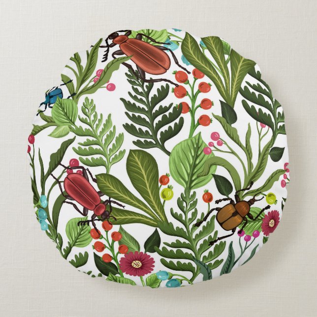 Decorative Plants and Insects: Seamless Design. Round Cushion (Front)