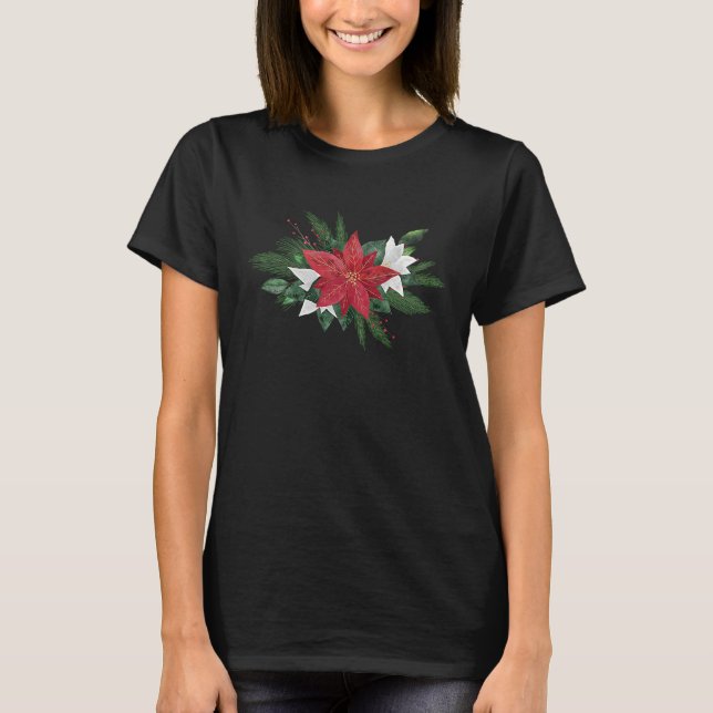 Decorative Poinsettia Traditional Red Christmas Fl T-Shirt (Front)