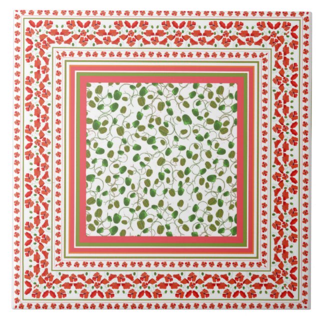 Decorative Poppy Border, Poppy Buds, Red on White Tile (Front)
