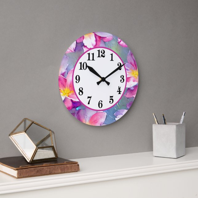 Decorative purple and pink flowers  round clock (Office)