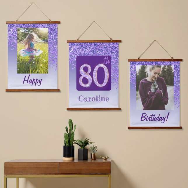 Decorative Purple Glitter 2 Photos 80th Birthday Hanging Tapestry (Asymmetrical)