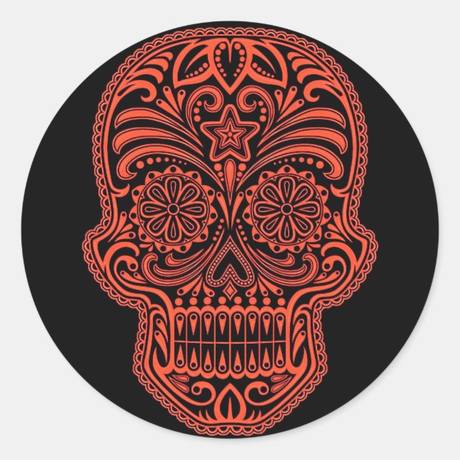 Decorative Red and Black Sugar Skull Classic Round Sticker (Front)