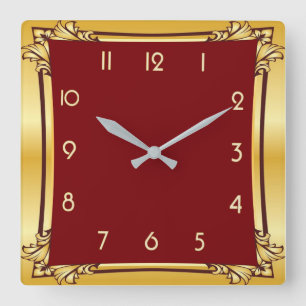 Decorative red and gold square wall clock