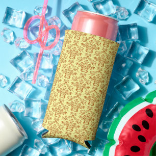 Decorative red damask yellow seltzer can cooler