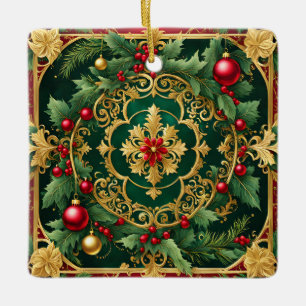 Decorative Red Gold Green Christmas Holiday Ceramic Ornament
