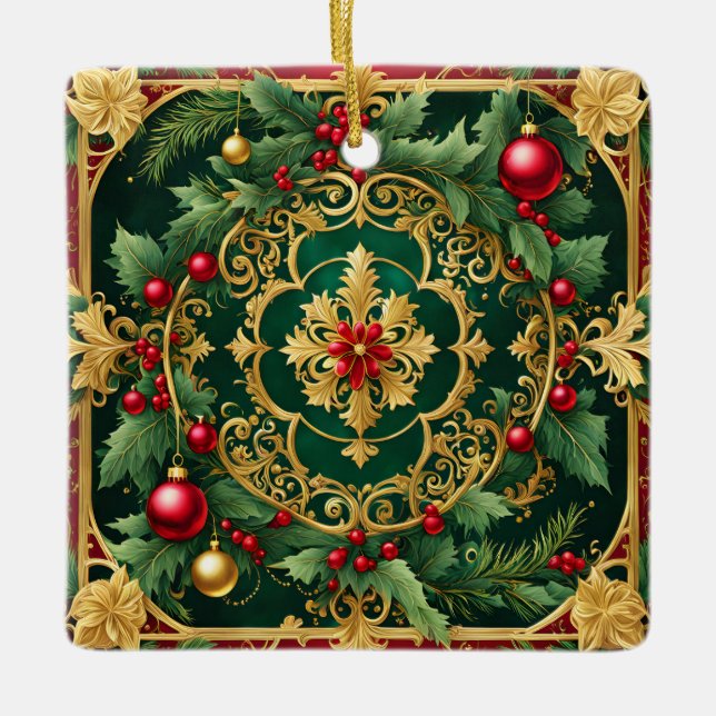 Decorative Red Gold Green Christmas Holiday Ceramic Ornament (Front)