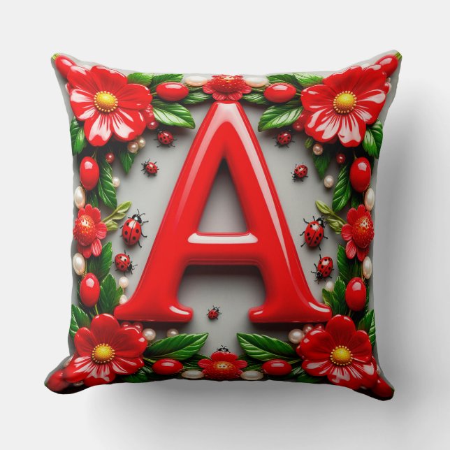 🐞 Decorative Red Letter A Ladybug Poppy Pearl Cushion (Front)