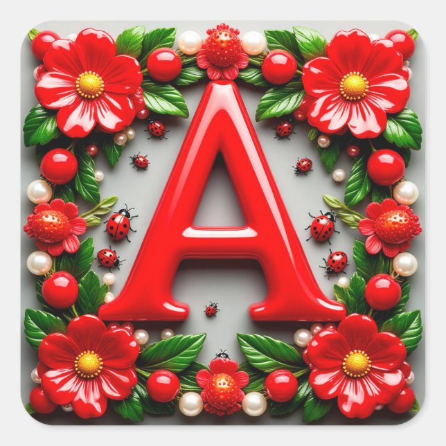 🐞 Decorative Red Letter A Ladybug Poppy Pearl Square Sticker (Front)