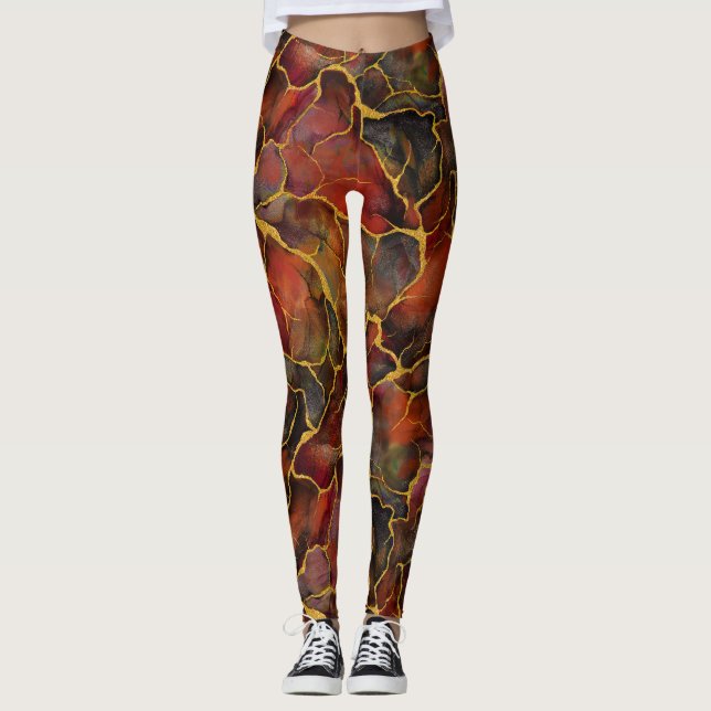 Decorative  Red Marble with Gold veins Leggings (Front)