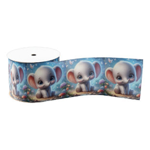 Decorative Ribbon Baby White Elephant Floral Blue Grosgrain Ribbon