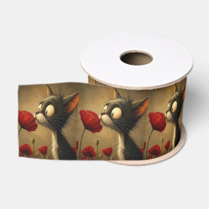 Decorative Ribbon Black & White Cat Red Flower  Grosgrain Ribbon