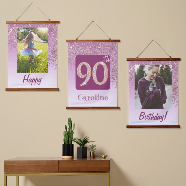 Decorative Rose Gold Glitter, Photos 90th Birthday Hanging Tapestry (Asymmetrical)
