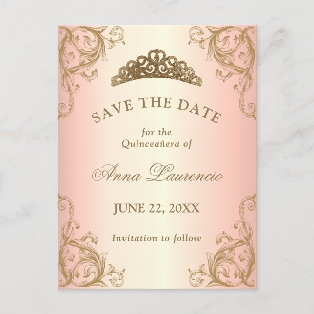 Decorative Rose Gold Quinceanera Save The Date Postcard (Front)