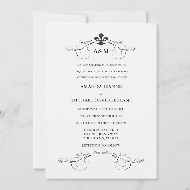 Decorative Scroll Fleur de Lis Wedding Invitations (Front)