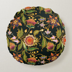 decorative seamless pattern. Flowers leaves curls Round Cushion