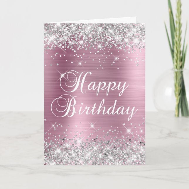 Decorative Silver Glitter Pink Foil Happy Birthday Card (Front)