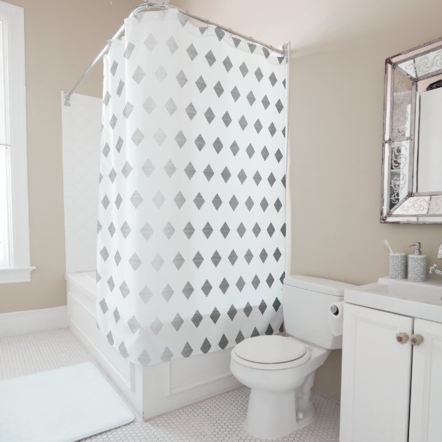Decorative Silver Grey White Diamond Pattern Shower Curtain (In Situ)