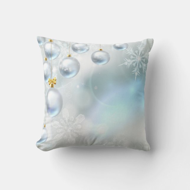 Decorative Snow Blue & Gold Ball Merry Christmas Cushion (Front)