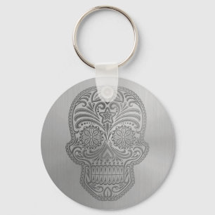Decorative Sugar Skull with a Stainless Steel Look Key Ring