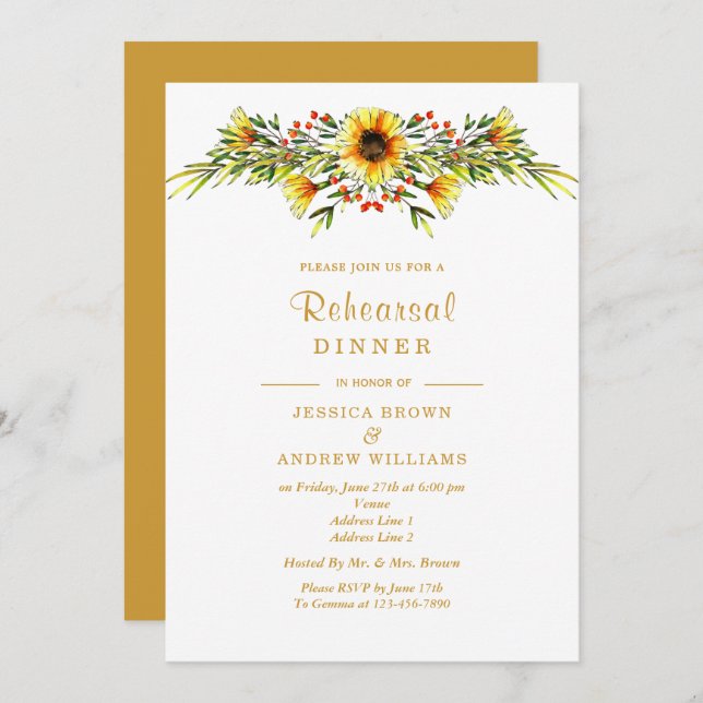 Decorative Summer Flowers Wedding Rehearsal Dinner Invitation (Front/Back)