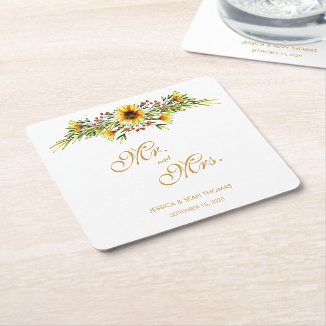 Decorative Summer Flowers Wedding Square Paper Coaster (Angled)