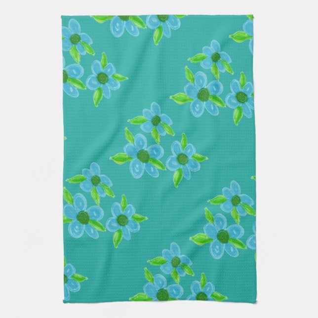 Decorative Teal Flowered Tea Towel (Vertical)
