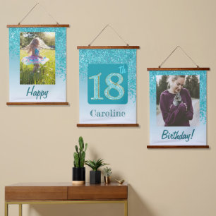 Decorative Teal Glitter 2 Photos 18th Birthday Hanging Tapestry