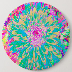 Decorative Teal Green and Hot Pink Dahlia Flower 6 Cm Round Badge