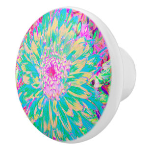Decorative Teal Green and Hot Pink Dahlia Flower Ceramic Knob
