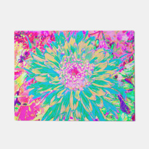 Decorative Teal Green and Hot Pink Dahlia Flower Doormat