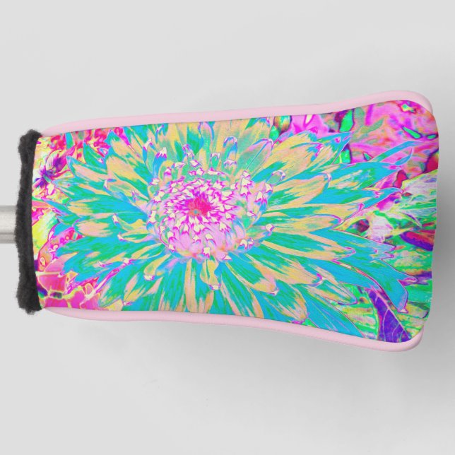 Decorative Teal Green and Hot Pink Dahlia Flower Golf Head Cover (Front)