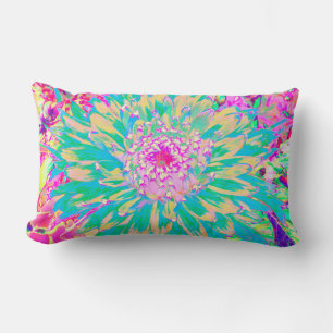 Decorative Teal Green and Hot Pink Dahlia Flower Lumbar Cushion