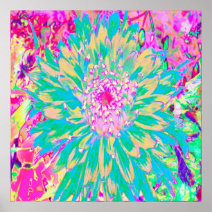 Decorative Teal Green and Hot Pink Dahlia Flower Poster
